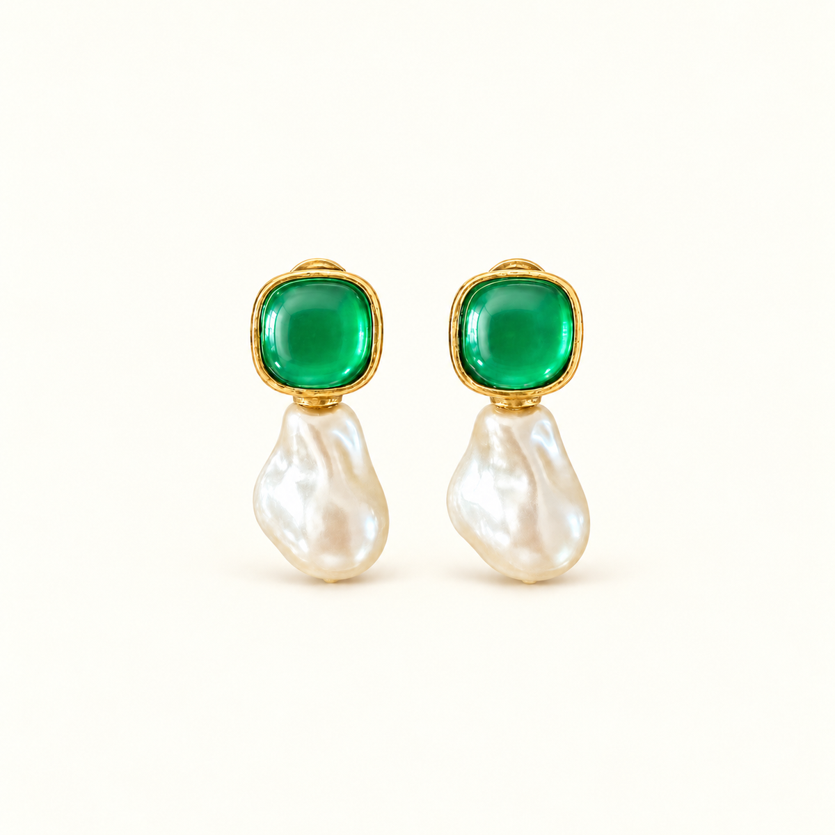 Emerald Green Glass Baroque Pearl Drop Earrings